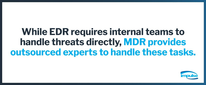 While EDR requires internal teams to handle threats directly, MDR provides outsourced experts to handle these tasks.